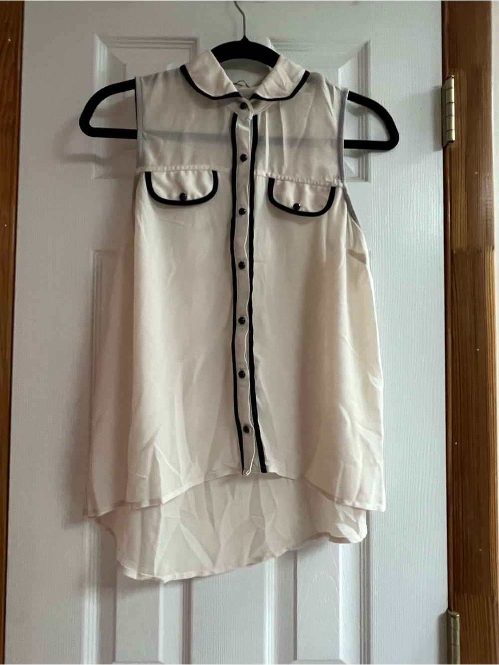 Chloe K Cream Sleeveless Blouse with Black Piping